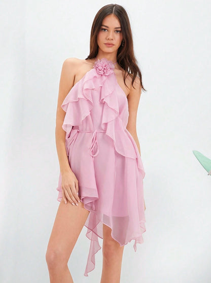 Remmy Ruffle Halter Mini Dress Pink