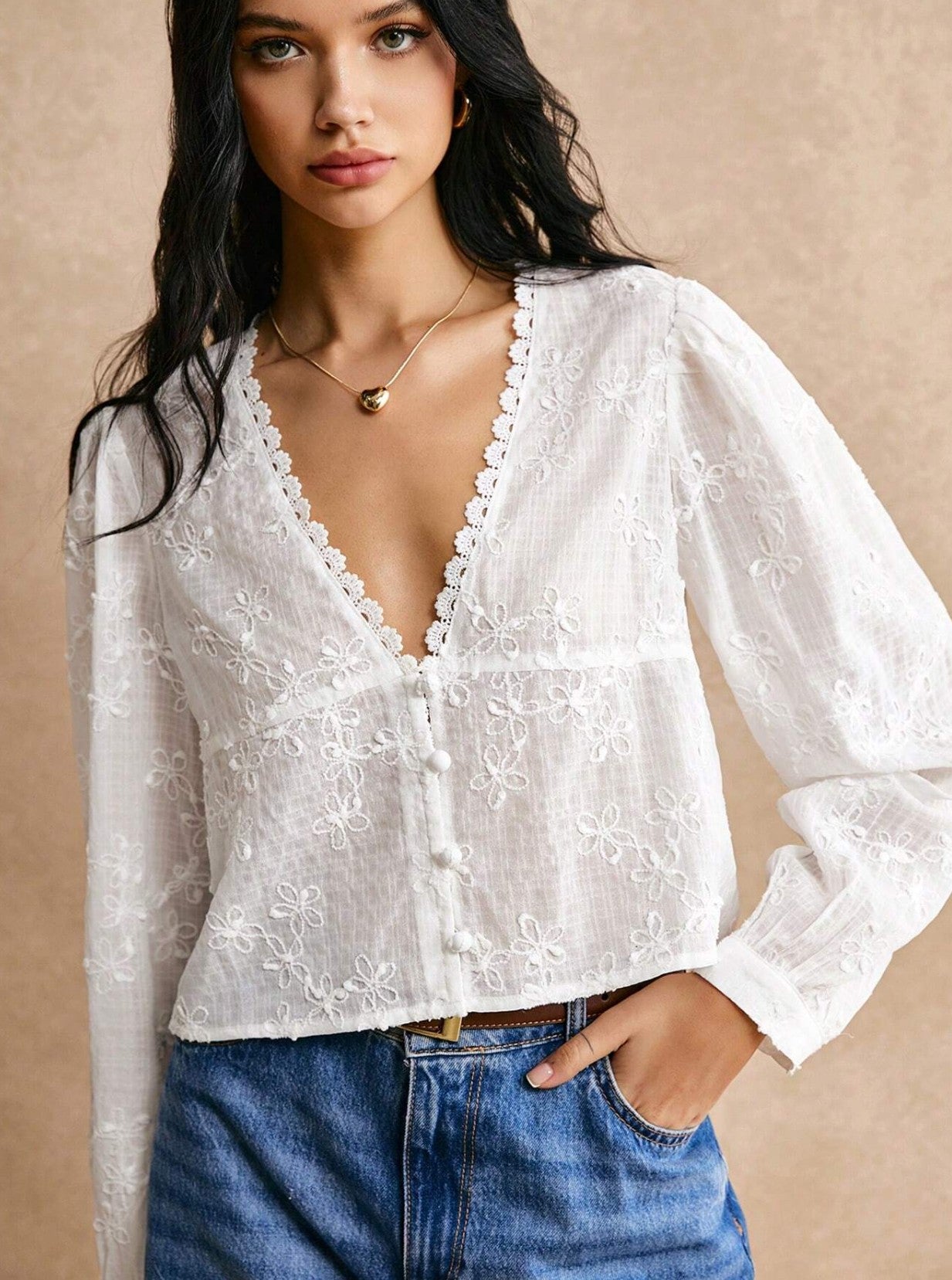 Suzette Embroidery Vneck Long Sleeve Blouse Shirt