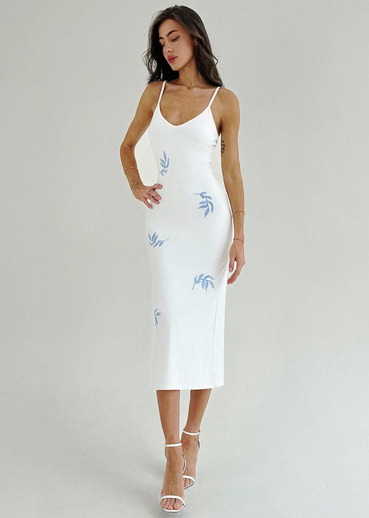 Melina Embroidered Leaf Bodycon Midi Dress