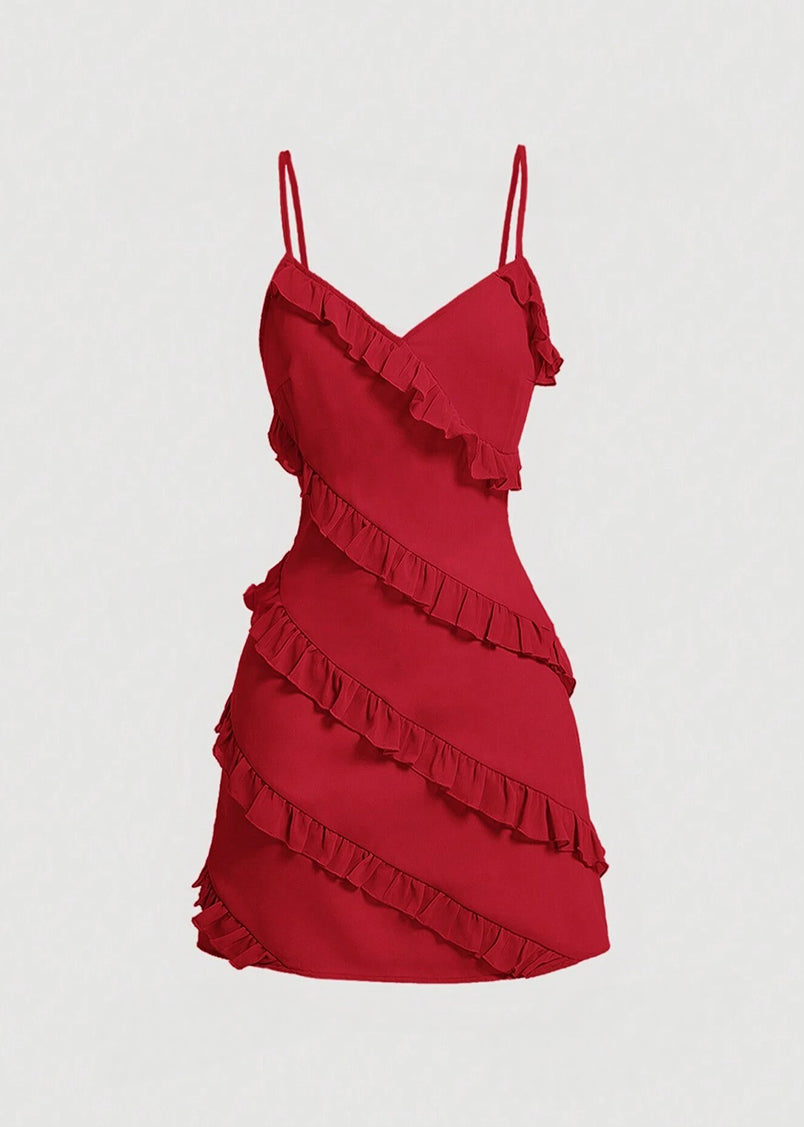 Anzu Asymmetrical Ruffle Mini Dress in Red