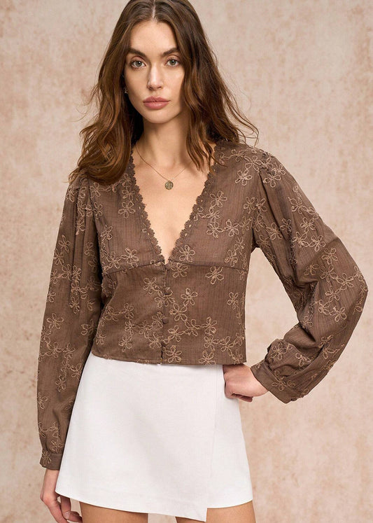 Suzette Embroidery Vneck Long Sleeve Blouse Shirt