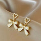 Pearl Heart Bow Gold Earrings