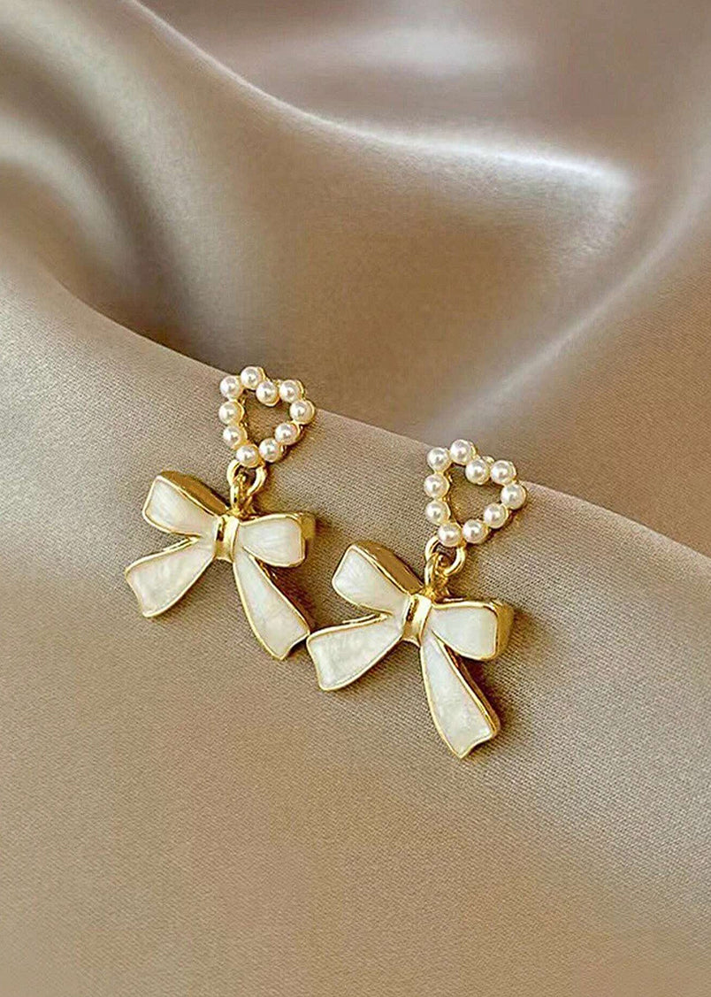 Pearl Heart Bow Gold Earrings