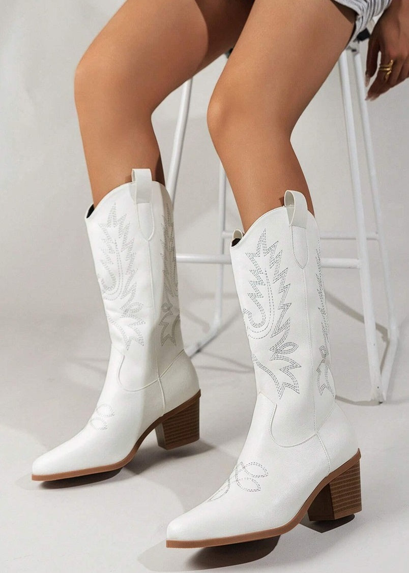 Rosanne Western CowGirl Faux Leather Boots in White