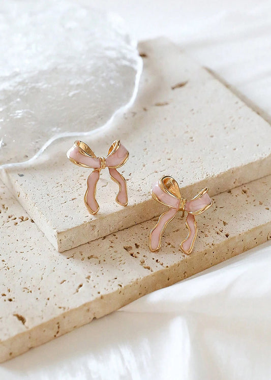 Bow Gold Earrings in Pink