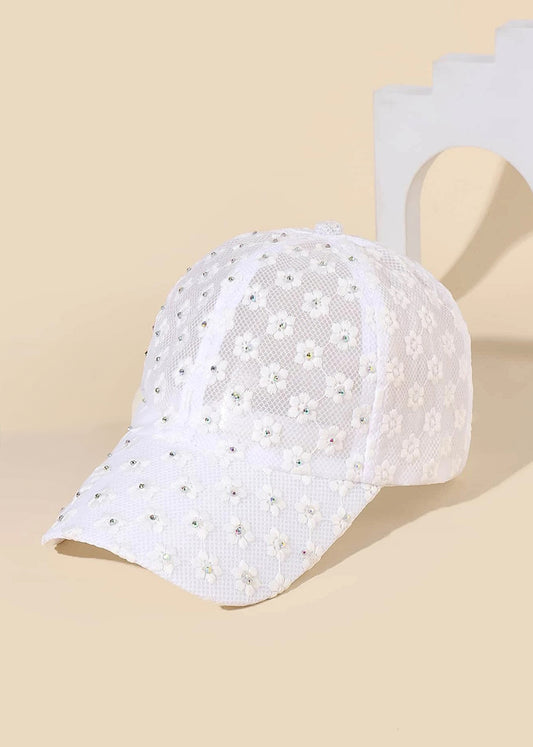 Floral Rhinestone Baseball Hat in White