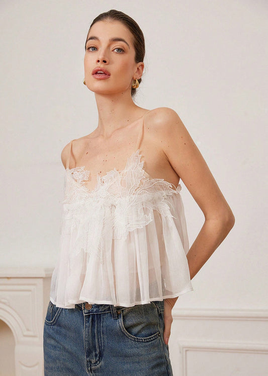 Camilla Embroidered Lace Chiffon Camisole Top