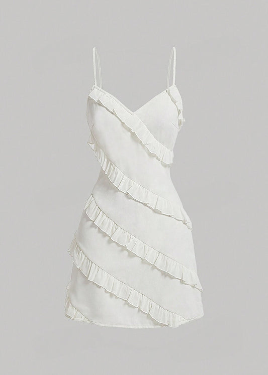 Anzu Asymmetrical Ruffle Mini Dress in White