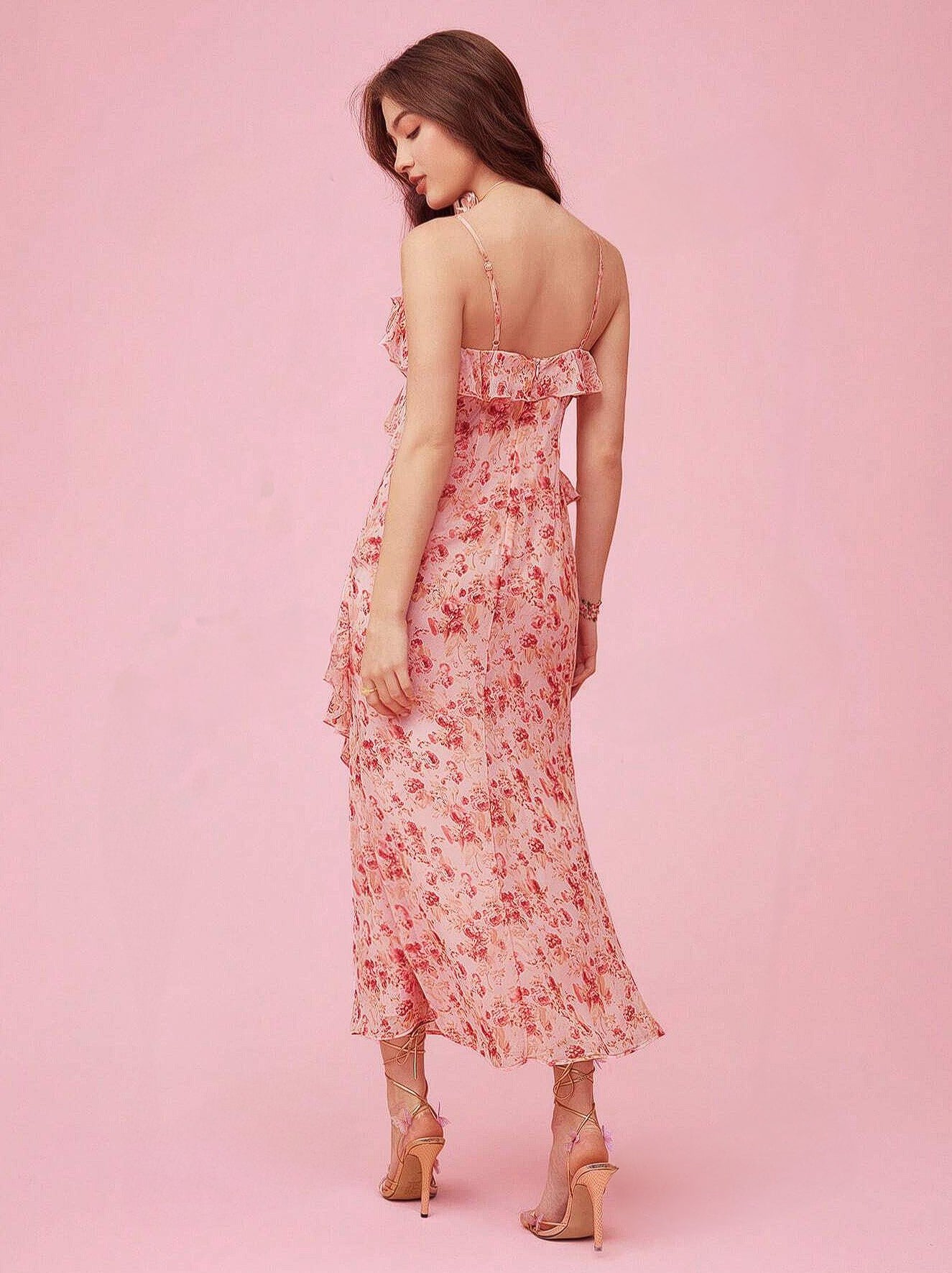 Ricki Floral Ruffle Midi Dress in Pink