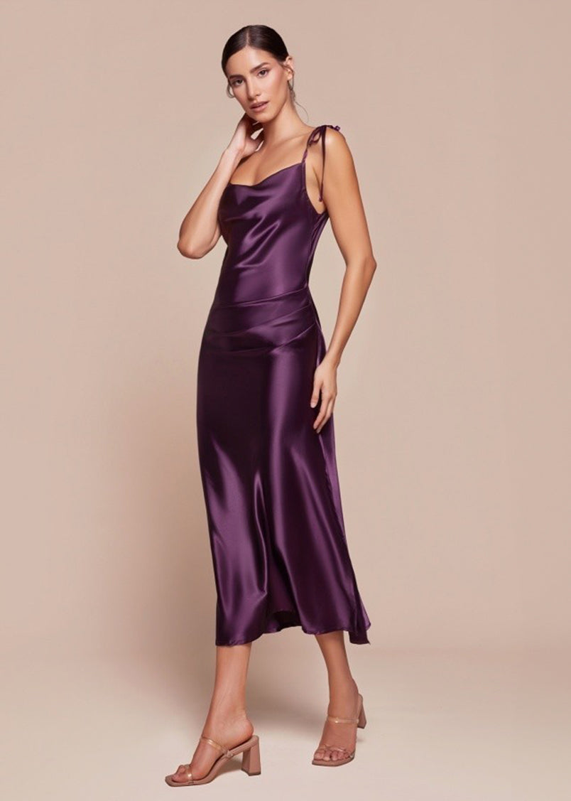 Rosie Satin Slip Cowl Neck Midi Dress Lipstick