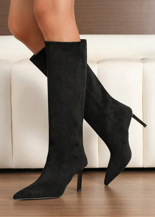 Maryana Faux Suede Pointed High Boot in Black